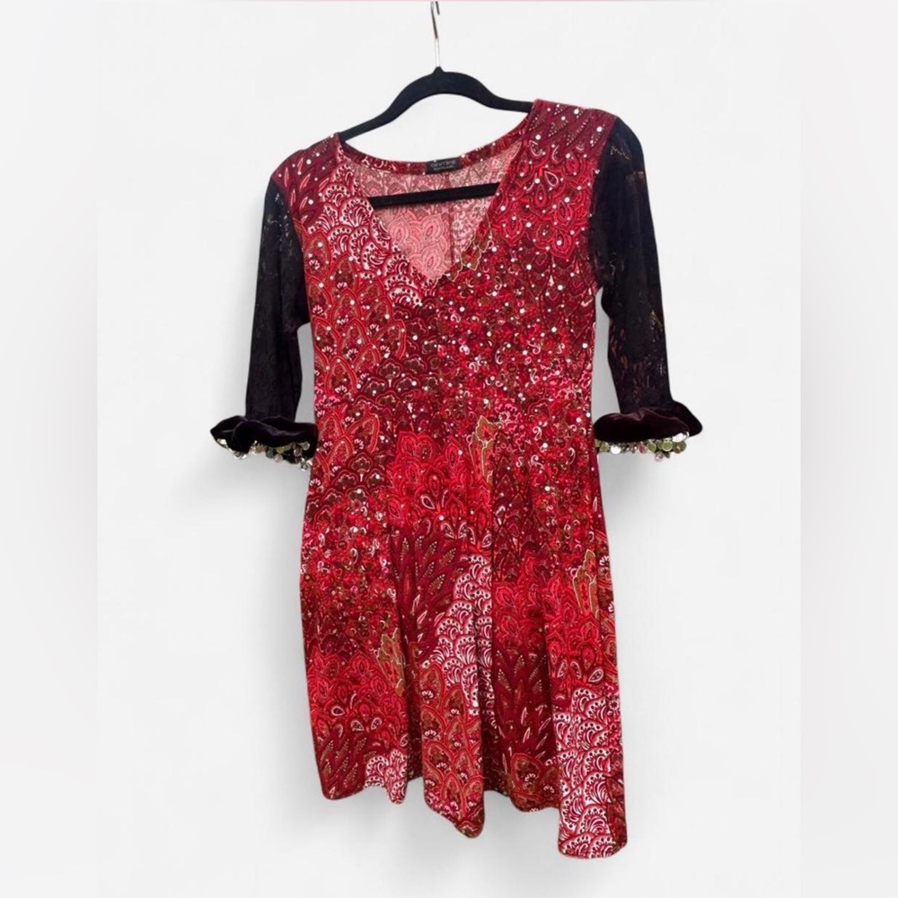 VINTAGE Y2K ROMANTIC RED EMBELLISHED PAISLEY MINI DRESS